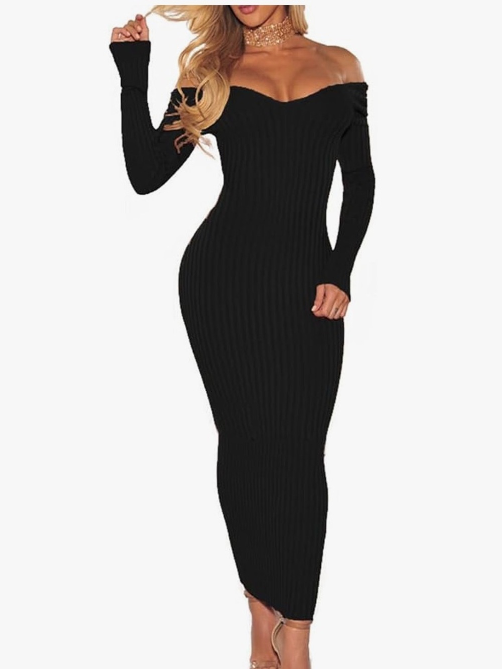 Ribbed Long Sleeve V-Neck Midi Dress - Black / Teal